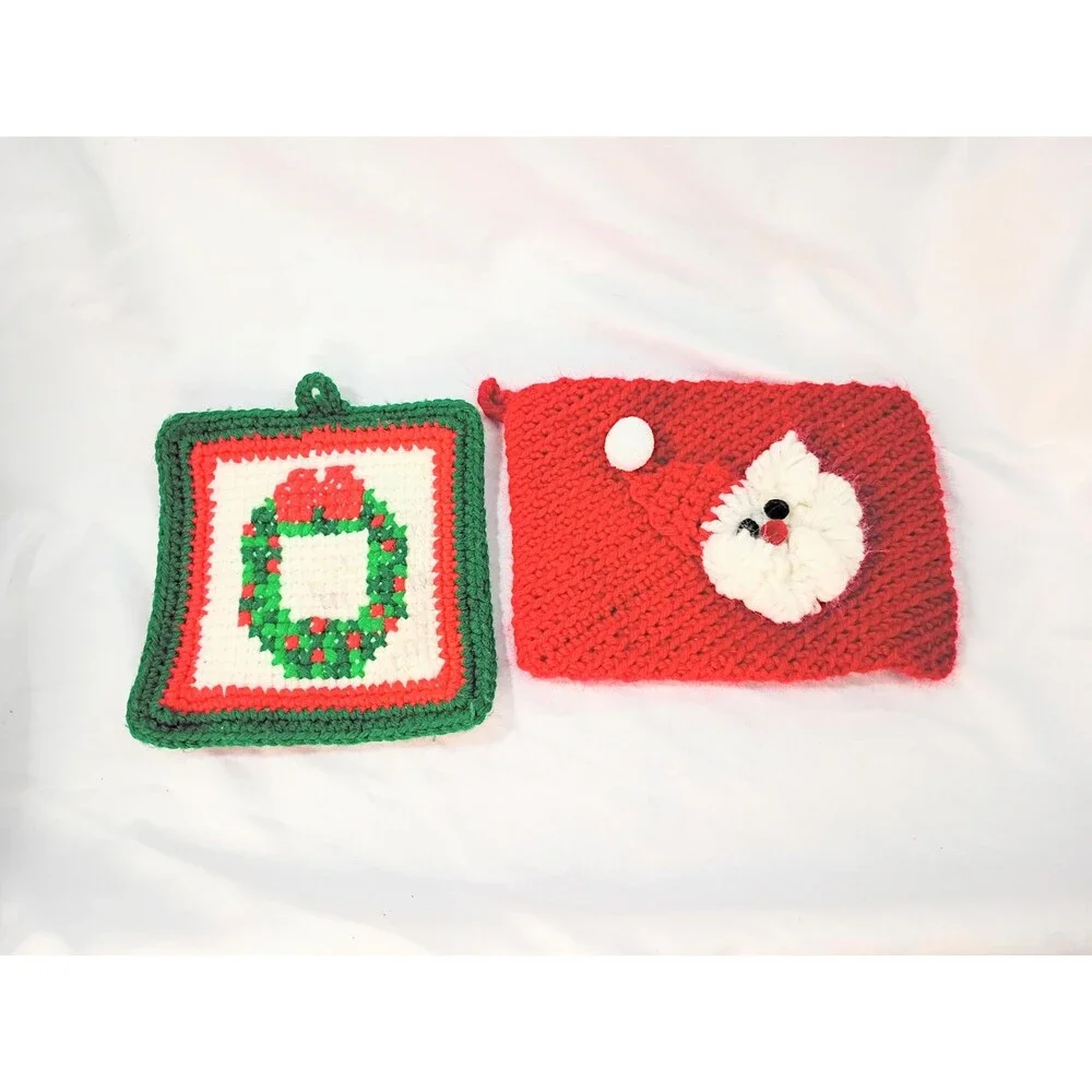 Lot of 2 Vintage Hand Made Christmas Pot Holders Santa Wreath